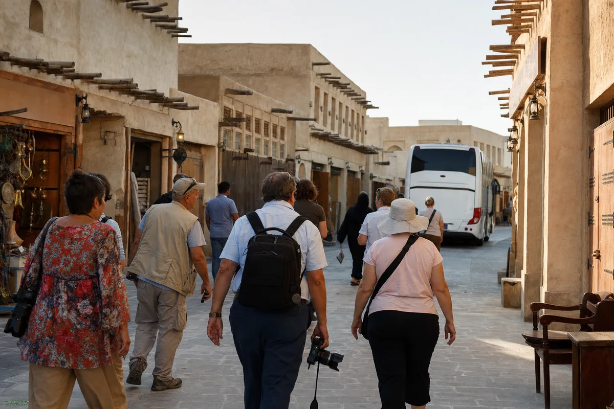 Tourist group walking through a traditional souq street in Doha with a coach waiting